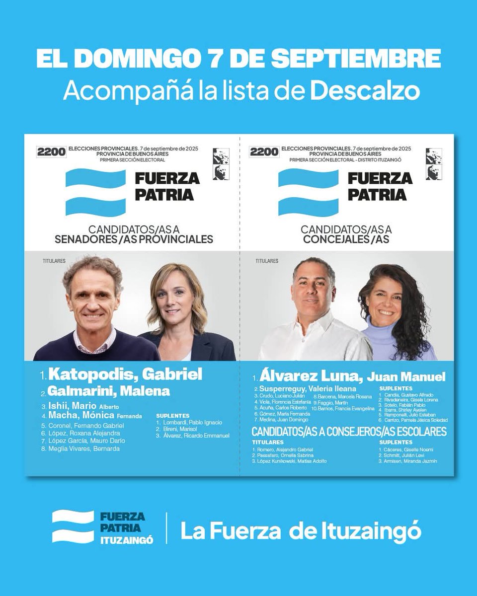 Este 7 de septiembre, acompañá la lista de Descalzo 🗳️

✅ Juan Manuel Alvarez Luna - 1° Concejal
✅ Valeria Susperreguy - 2° Concejal

¡Fuerza Patria, Fuerza Ituzaingó! 💪🏻🇦🇷