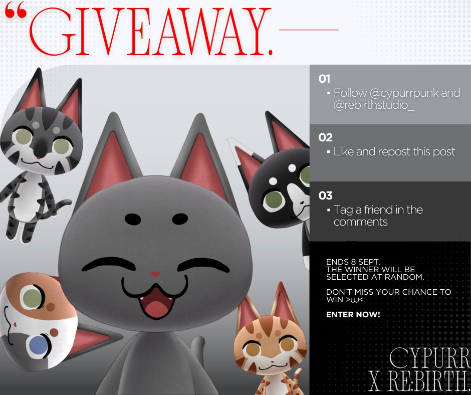 RE:BIRTH STUDIO | π launching (@rebirthstudio_) on Twitter photo VTUBER MODEL GIVEAWAY ALERT! π
Weβve teamed up with <a href="/cypurrpunk/">cypurr α―β
</a> to give one lucky winner a CUSTOMIZABLE animal crossing cat villager model βΌοΈ
How to enter:
β¬ Follow <a href="/rebirthstudio_/">RE:BIRTH STUDIO | π launching</a> & <a href="/cypurrpunk/">cypurr α―β
</a>
β¬ Like and repost
β¬ Tag a friend below
Ends: 8 September (our launch day!) VTUBER MODEL GIVEAWAY ALERT! π
Weβve teamed up with <a href="/cypurrpunk/">cypurr α―β
</a> to give one lucky winner a CUSTOMIZABLE animal crossing cat villager model βΌοΈ
How to enter:
β¬ Follow <a href="/rebirthstudio_/">RE:BIRTH STUDIO | π launching</a> & <a href="/cypurrpunk/">cypurr α―β
</a>
β¬ Like and repost
β¬ Tag a friend below
Ends: 8 September (our launch day!)