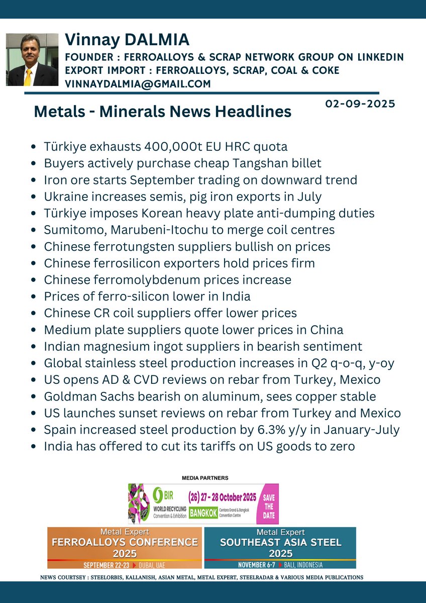 dalmia's tweet photo. Metals News Headlines 🔔

#metal #mineral #iron #steel #scrap #copper #ferrous #ores #zinc #worldsteel #mrai_india #Kallanish #MetalExpert #EY_MiningMetals #ArgusMedia #aluminum #nickel #manganese #lead #tin #bauxite #metalsindustry #metalsnews #steelindustry #commoditynews https://t.co/HHmIWuNIGN