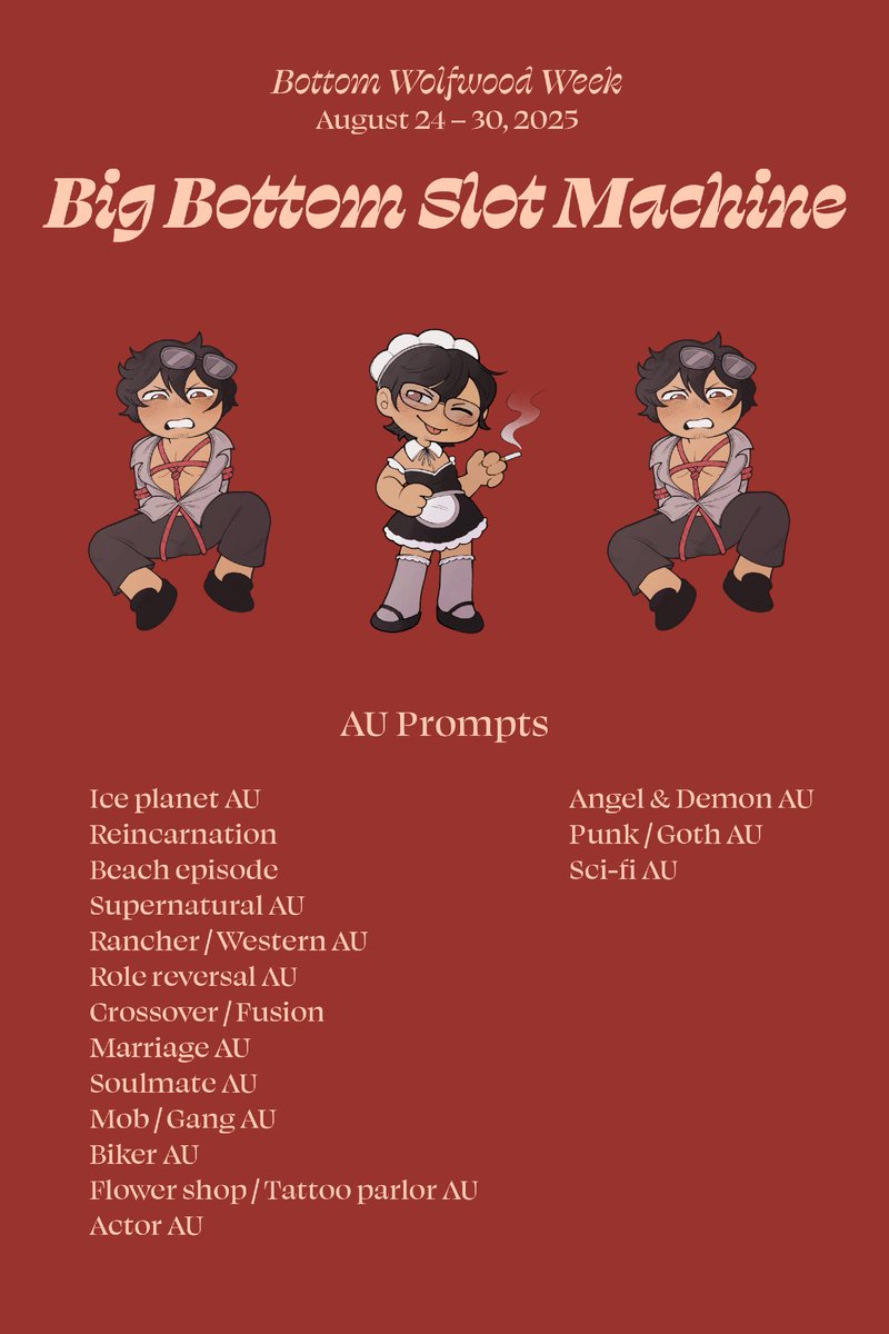bottomwwweek's tweet image. Here's our full list of prompts for #bottomwwweek, including all possible slot machine results! 💕

Remember to add anything you post to ao3 to the collection!
archiveofourown.org/collections/bo…