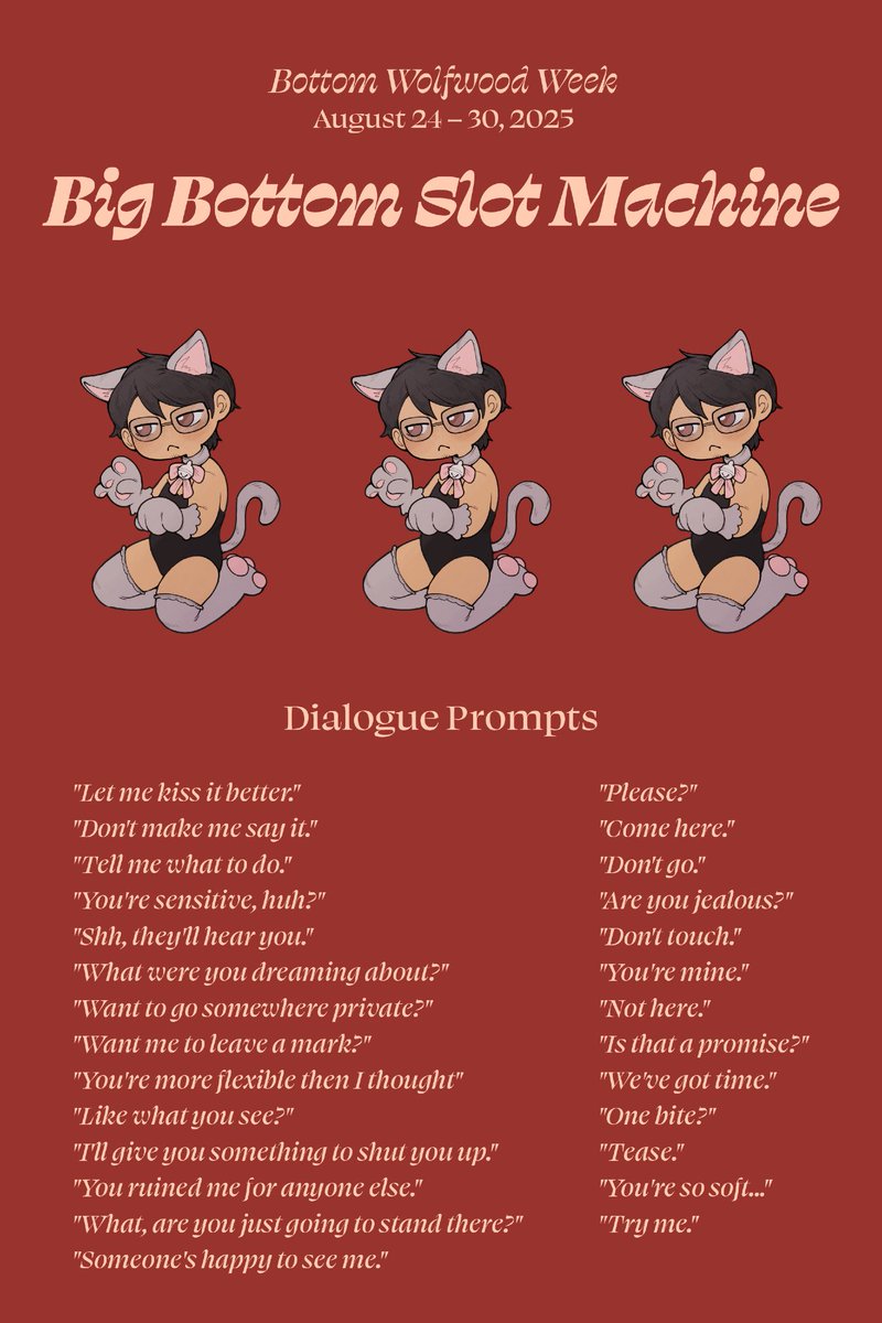 bottomwwweek's tweet image. Here's our full list of prompts for #bottomwwweek, including all possible slot machine results! 💕

Remember to add anything you post to ao3 to the collection!
archiveofourown.org/collections/bo…