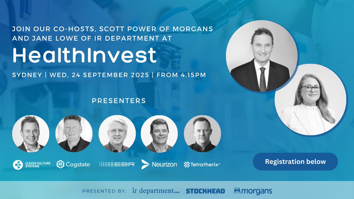 ir_department's tweet photo. #HealthInvest is back! Hear from 5 innovative ASX-listed companies shaping the future of healthcare, presenting with @morgansAU  @ir_department &amp; @StockheadAU.
Register free: https://t.co/giJUGtxqk0 https://t.co/Om5pvJhKiG