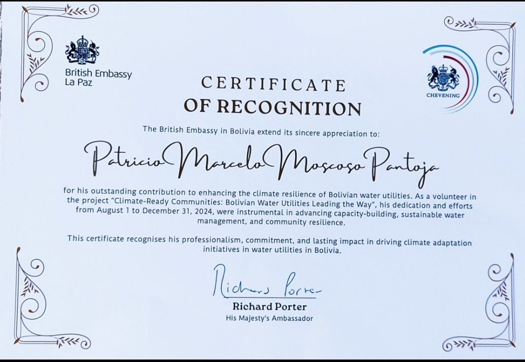 Gracias a la Embajada Británica 🇬🇧, en La Paz, <a href="/UKinBolivia/">UK in Bolivia 🇬🇧 🇧🇴</a>, a la cabeza de Su Majestad el embajador <a href="/AmbRichPorter/">Ambassador Richard Porter</a>, por el reconocimiento y apoyo en el proyecto Climate-Ready Communities. Orgulloso de haber contribuido a fortalecer la resiliencia climática de los servicios...