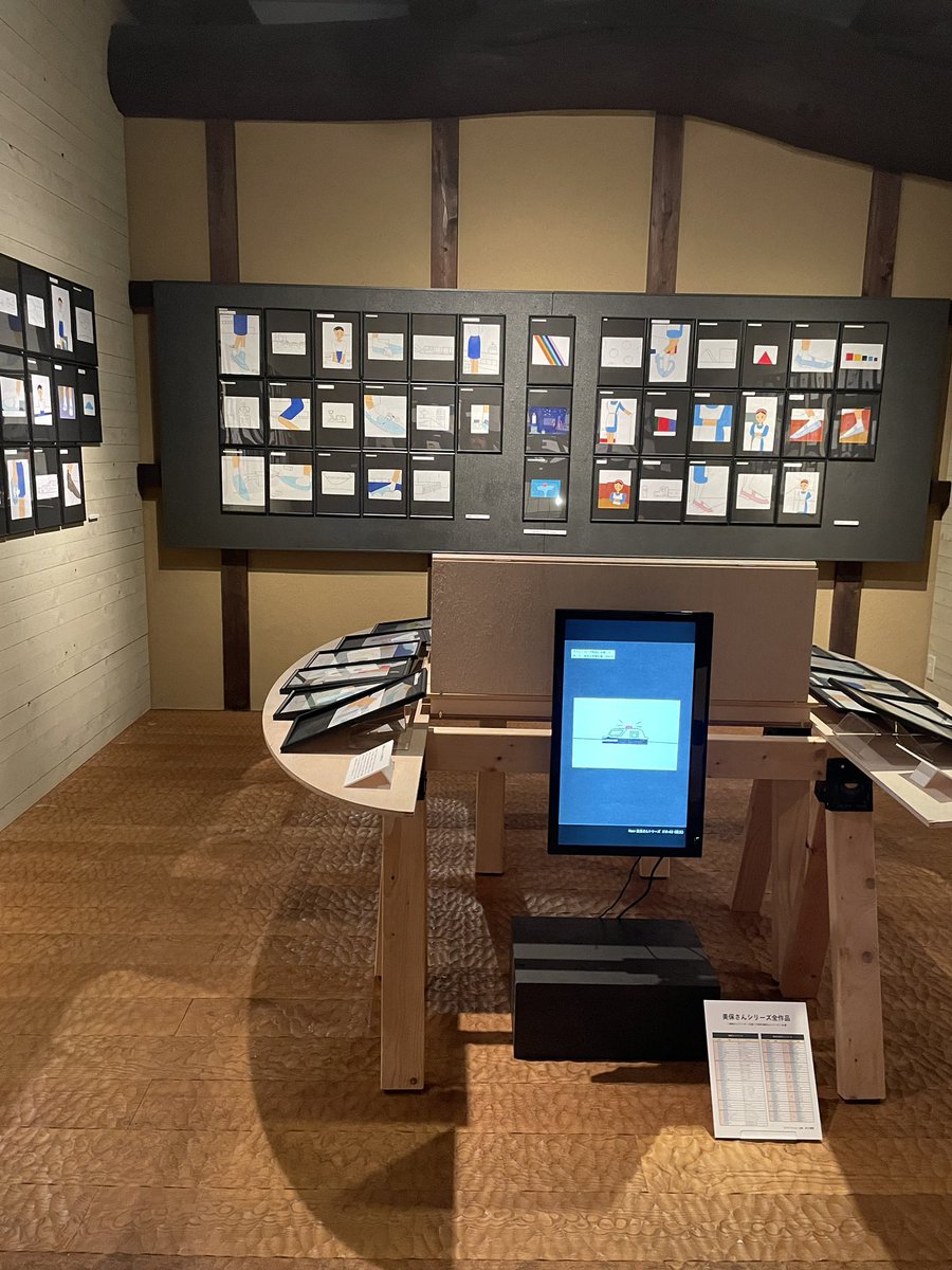 『ひとこまのはて』の会場では、他に5名のクリエイターによる興味深い作品が並んでいます。いわゆるアウトサイダーアートと呼ばれるジャンルの作品群。
ひたすらに同じ構図で並ぶ絵はアニメのセル画のようですが、TV番組の記憶スケッチ。または、お気に入りの職員さんとの交換日記。