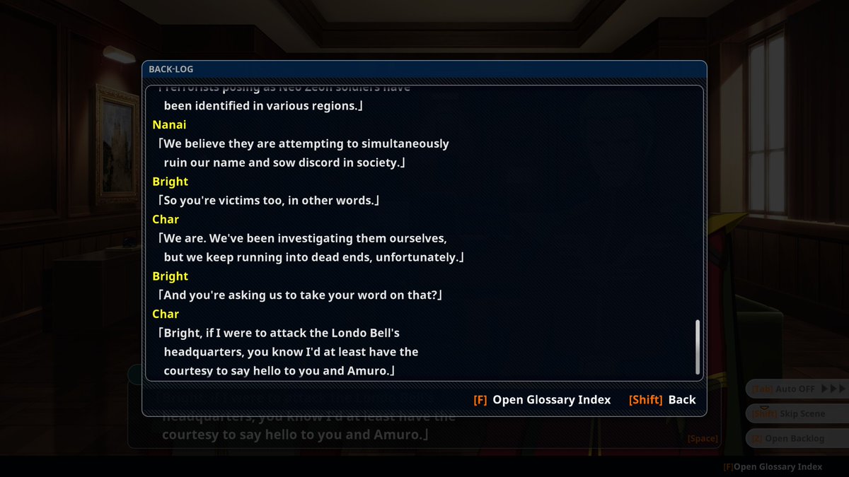 "Well, Captain Bright, the official diplomatic position of Neo Zeon is that I'm far too petty to carry out the plan you're accusing me of and both of us know it."

I love #SRWY so much