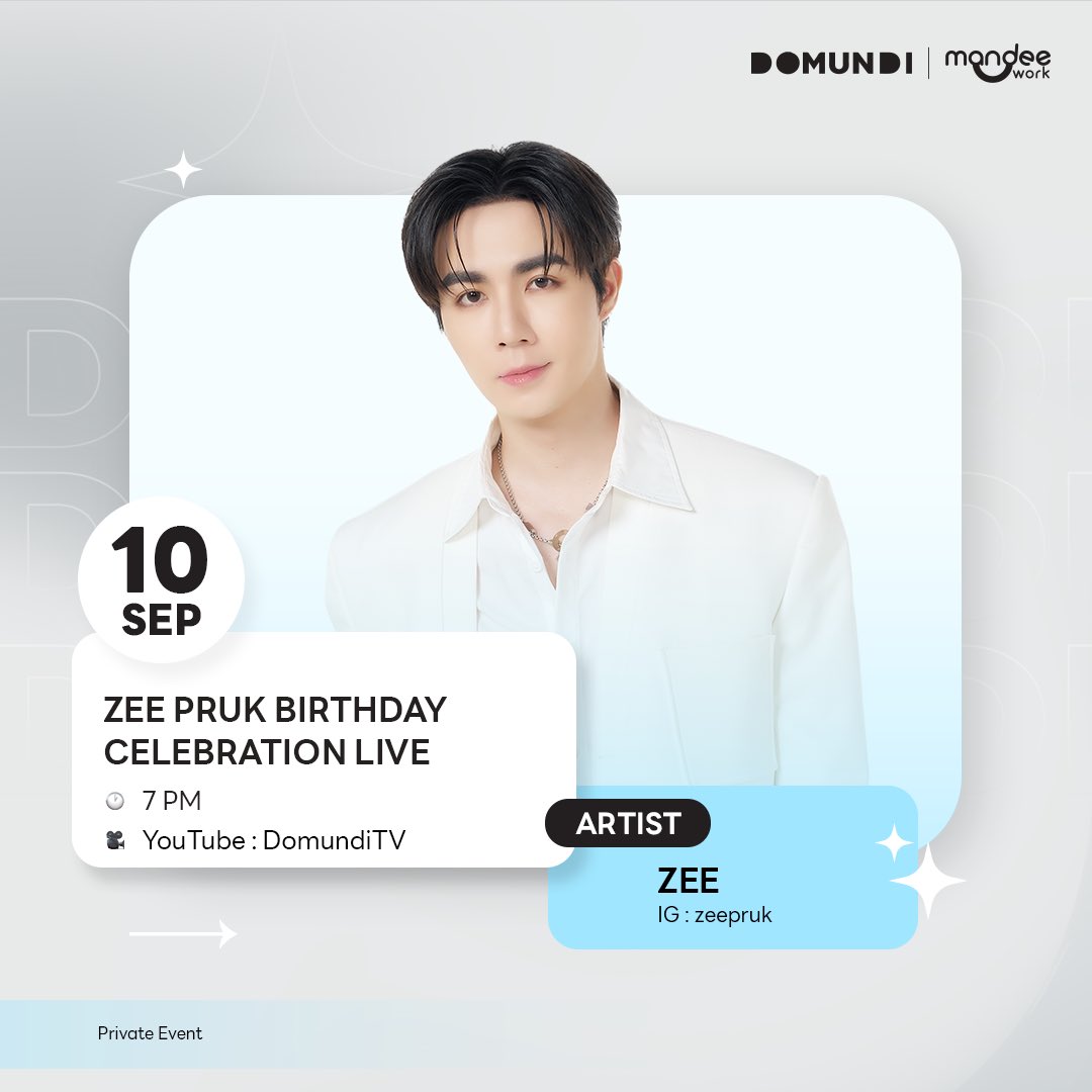 #DMDschedule UPDATE 

🗓 : 10.09.2025

ZEE PRUK BIRTHDAY CELEBRATION LIVE 

🙋🏻‍♂️ : Zee
⏰ : 19.00 น. | 7 PM (GMT+7)
📽 YouTube : DomundiTV 
📢 : Private Event 

#ZeePruk
#domunditv