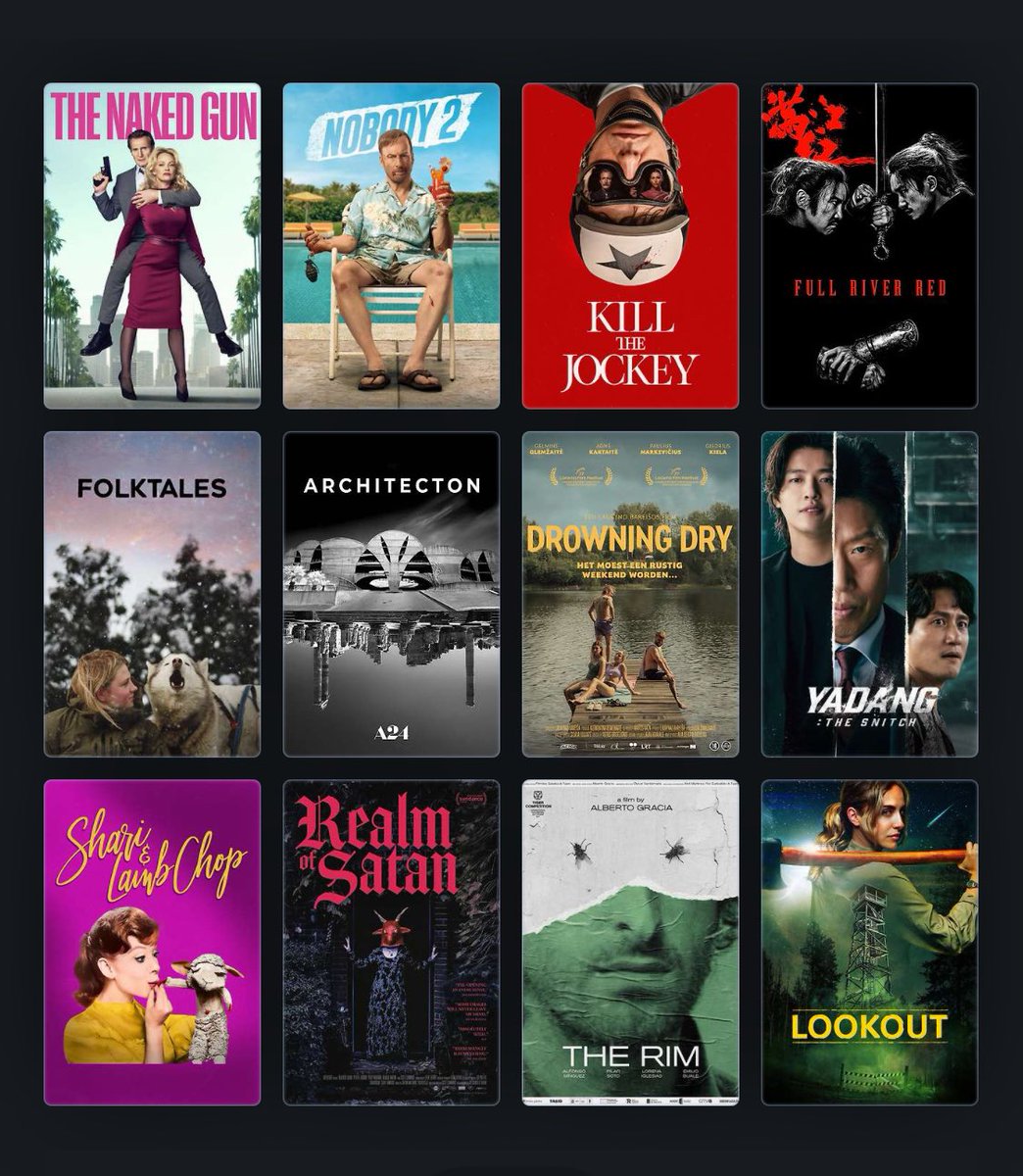 New releases on digital VOD:

The Naked Gun
Nobody 2
Kill the Jockey - Venice/Toronto
Full River Red - Zhang Yimou
Folktales - Sundance
Architecton
Drowning Dry - Locarno
Yadang: The Snitch
Shari &amp; Lamb Chop
Realm of Satan - Sundance
The Rim - Rotterdam
Lookout

#movie hd 4k

You