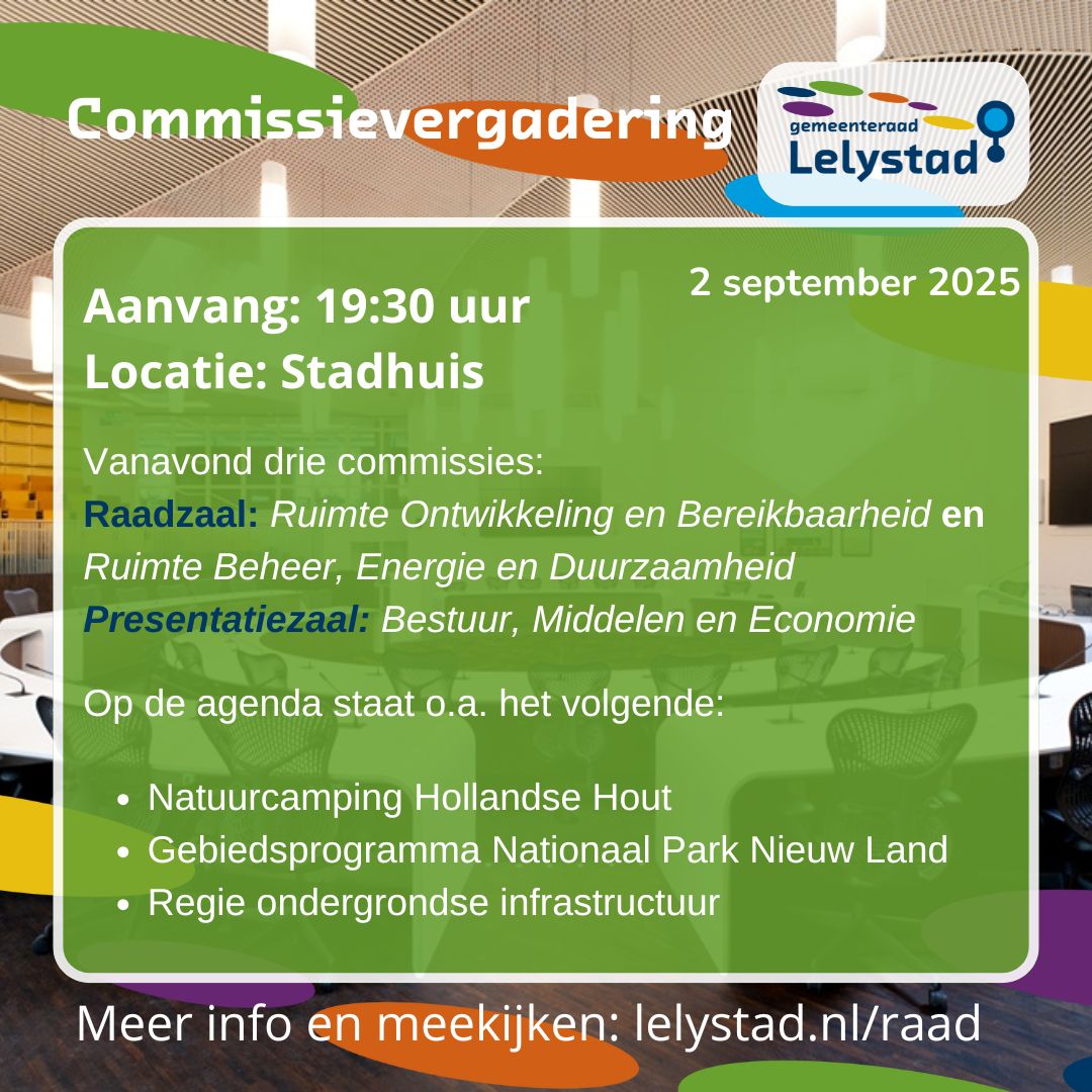 Vanavond 3 commissies: Ruimte Ontwikkeling en Bereikbaarheid EN Ruimte Beheer, Energie en Duurzaamheid in de Raadzaal en Bestuur, Middelen en Economie in de Presentatiezaal. Meer info en online meekijken kan via: lelystad.nl/raad
 #raadslid #lelystad #raadvanlelystad