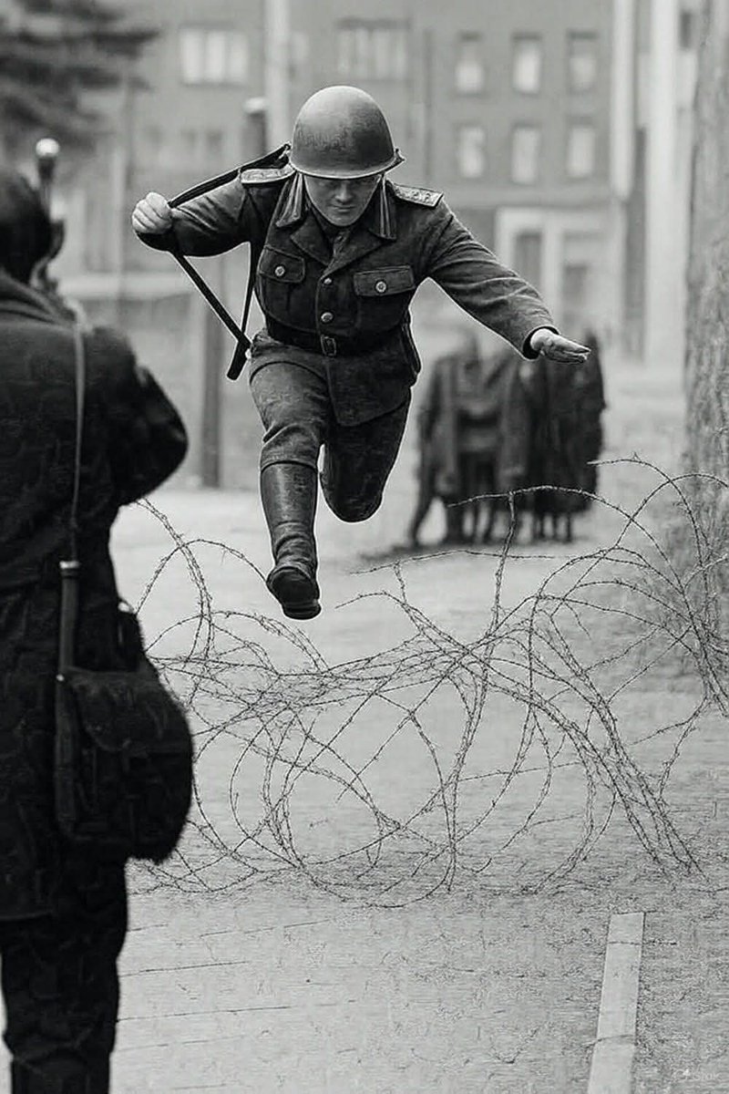 A 19 year old border guard jumping from East Germany to West Germany. Berlin, August 15, 1961