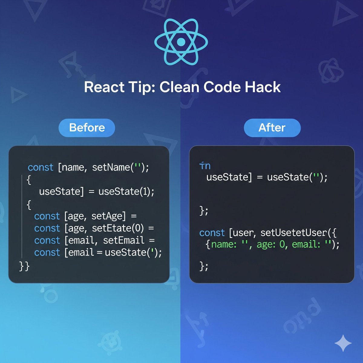 codewithmgupta's tweet image. React tip saves 30 mins daily: 🧠

Instead of:
❌ Multiple useState calls

Use:
✅ Single state object

One setState vs three.
Performance + cleaner code!

#ReactTips