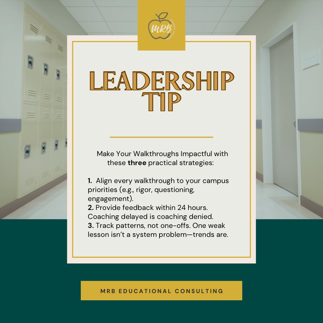 Walkthroughs won’t change teaching unless they’re tied to systems. Align priorities, give feedback fast, track trends. Ready to transform? CTA: bit.ly/MRB_Call
#Leadership #EdLeadership
