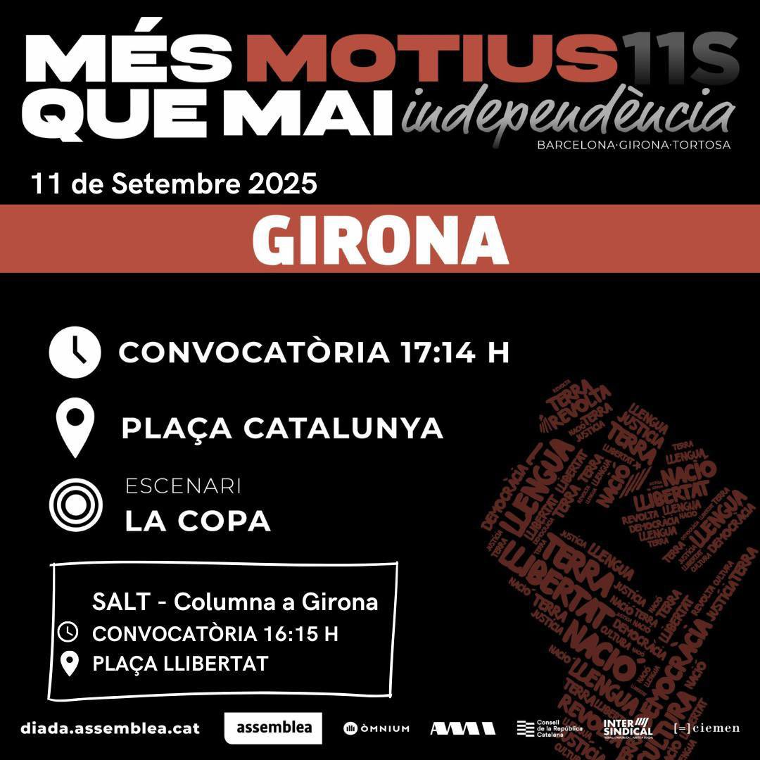 📣 MÉS MOTIUS QUE MAI!
🔥 10/09 Marxa de Torxes · 19:30 h · Plaça Llibertat
✊ 11/09 Manifestació Girona · 17:14 h · Plaça Catalunya
👕 Samarretes a L’Estanc i Teixits Agell
#MésMotiusQueMai #Diada2025 #SaltPerLaIndependència