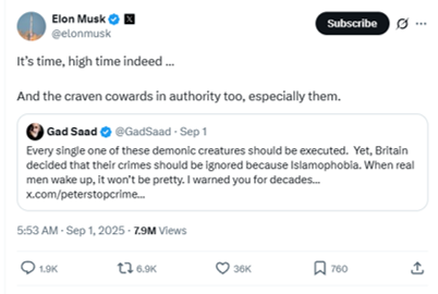 davidicke's tweet image. Look into the background to Gad Saad and you'll see the significance of this post and the calculated reply from Musk. Britain is being targeted by a blatant Psyop to bring about a long-planned conflict. The modus operandi is sooo predictable.
The same force in the shadows (the…