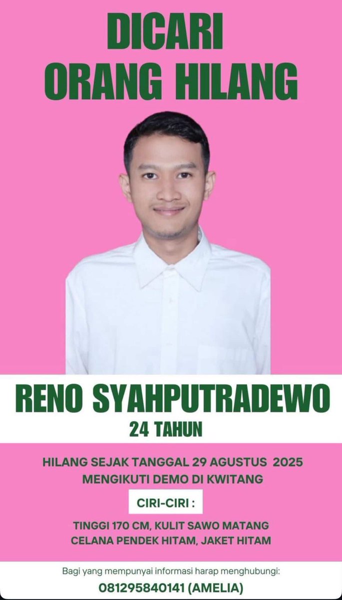 ๐ (@faelisflos) on Twitter photo ๐จ INFO ORANG HILANG, TOLONG BANTU RT UNTUK SEBAR INFORMASI ๐จ
<a href="/KontraS/">KontraS</a> <a href="/barengwarga/">Bareng Warga</a> <a href="/BudiBukanIntel/">Budi Berdikari ๐ฟ๐ฆ๐จ๐ฎ๐งโโ๏ธโ๐ฆ๐๐จ๐</a> ๐จ INFO ORANG HILANG, TOLONG BANTU RT UNTUK SEBAR INFORMASI ๐จ
<a href="/KontraS/">KontraS</a> <a href="/barengwarga/">Bareng Warga</a> <a href="/BudiBukanIntel/">Budi Berdikari ๐ฟ๐ฆ๐จ๐ฎ๐งโโ๏ธโ๐ฆ๐๐จ๐</a>