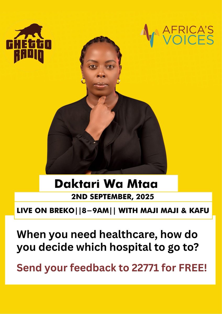 Catch us this morning on <a href="/GhettoRadio895/">Ghetto Radio</a> with Dr Janet Githinji (Daktari wa Mtaa) as we unpack what guides your decision when choosing a hospital for treatment: Be it cost, location, or other considerations. Please send us your views to 22771 for FREE!
#UHC #PHC
<a href="/SamuelKimeu/">Samuel Kimeu</a>