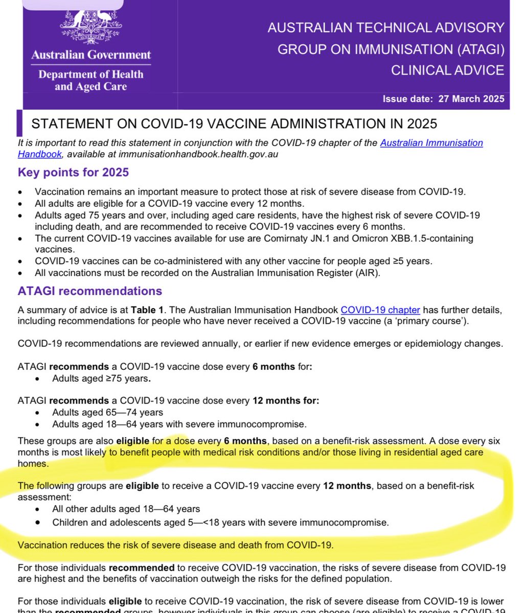Mielgray's tweet photo. Misleading information on Australia, all adults 18+ are still *eligible* for a govt funded COVID vaccine dose every 12 mths. https://t.co/OcU0fiTrdb