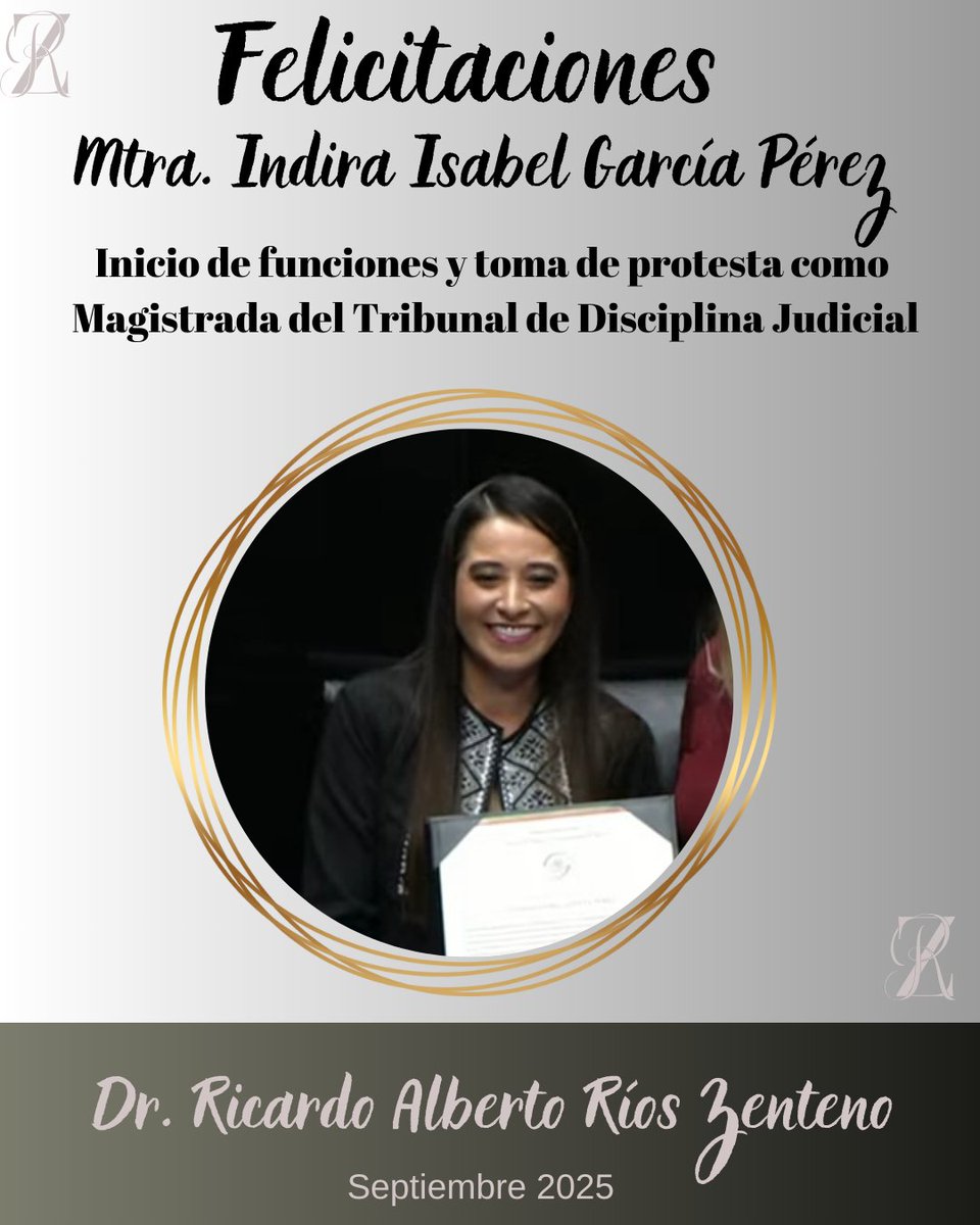 Felicito a la Mtra. Indira Isabel García Pérez, integrante del Tribunal de Disciplina Judicial del @pjf_mexico enhorabuena el mayor de los éxitos en esta alta encomienda en beneficio de la sociedad mexicana estimada amiga.