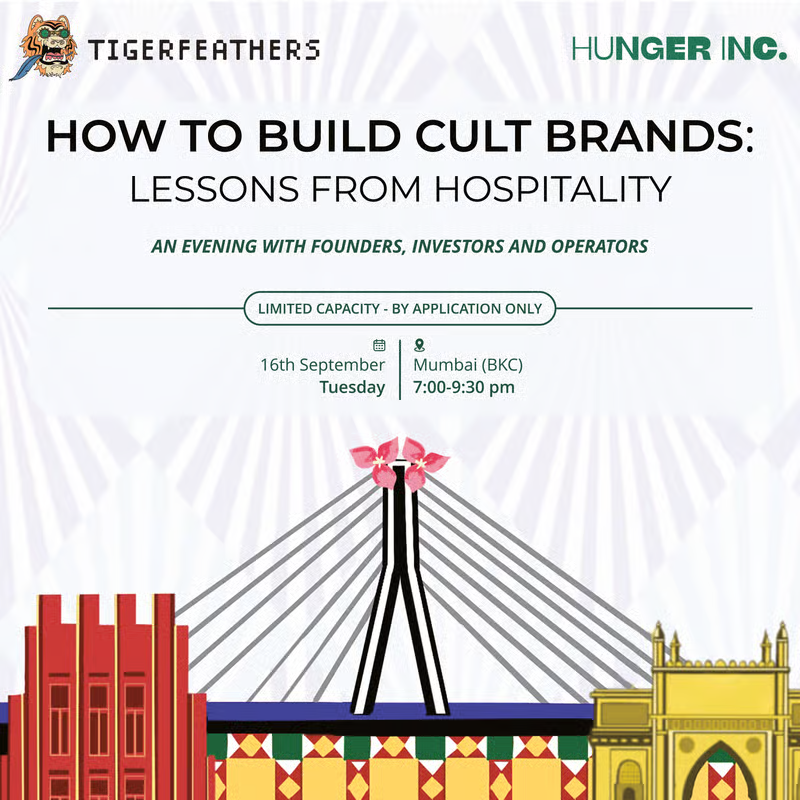 🐯⚡️🍽️

Bombay tech friends - on 16 Sept we’re hosting a special evening with the founders of Hunger Inc (The Bombay Canteen, O Pedro, Veronica’s, Papa’s, Bombay Sweet Shop).

We're chatting worldbuilding, storytelling &amp; hospitality magic - plus drinks, nibbles &amp; great company.