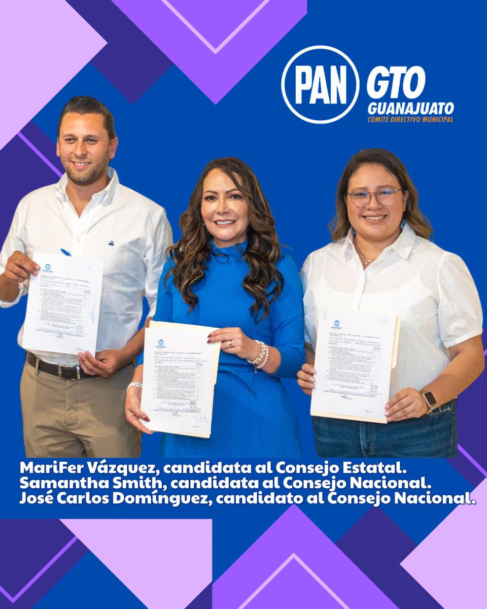 Hoy registramos en el PAN GTO Capital a la candidata Samantha Smith, para contender por la Consejería Nacional y a los candidatos José Carlos Domínguez  y Marifer Vázquez por las Consejerías Estatales.

Enhorabuena, les deseamos el mejor de los exitos en esta etapa.

#PAN