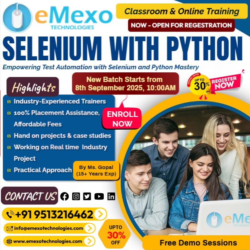 eMexoTechSEO's tweet image. Selenium with Python Training in Electronic City, Bangalore💻-eMexo Technologies!
Calling All Future Test Engineers! @everyone @highlight @followers
📞Call/WhatsApp: +91 9513216462
📧Email: info@emexotechnologies.com
🔗Course Details: emexotechnologies.com/courses/seleni…
🔖#SeleniumWithPython