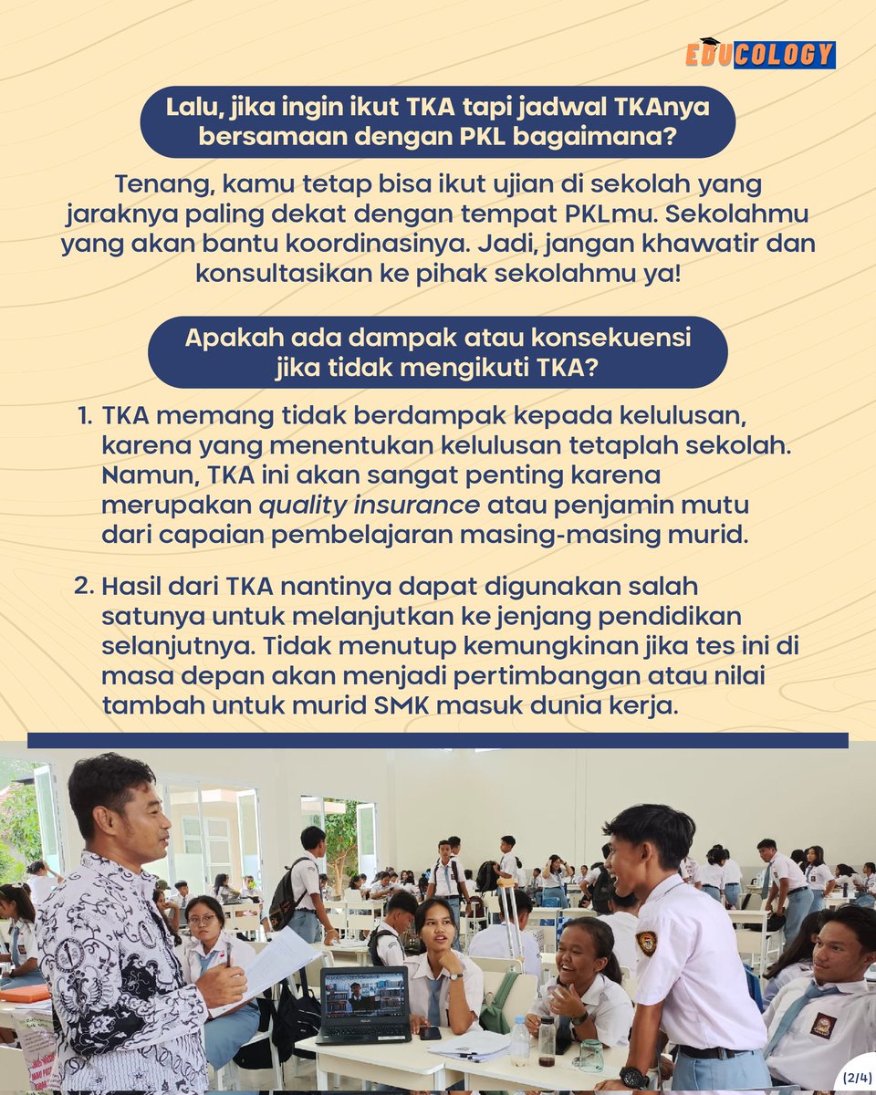 educology_id's tweet photo. Khusus buat Sahabat Edu kelas 12 SMK 🫵🏻
Buruan deh daftar TKA. Walaupun ini gak wajib, tapi ternyata manfaatnya banyak banget loh! 

Ingin tahu selengkapnya? Geser sampai selesai infografis berikut ya 😉

#TKA #TesKemampuanAkademik #SMK #EdukatifdanInformatif #InfoPendidikan https://t.co/FKFNPlnWdQ