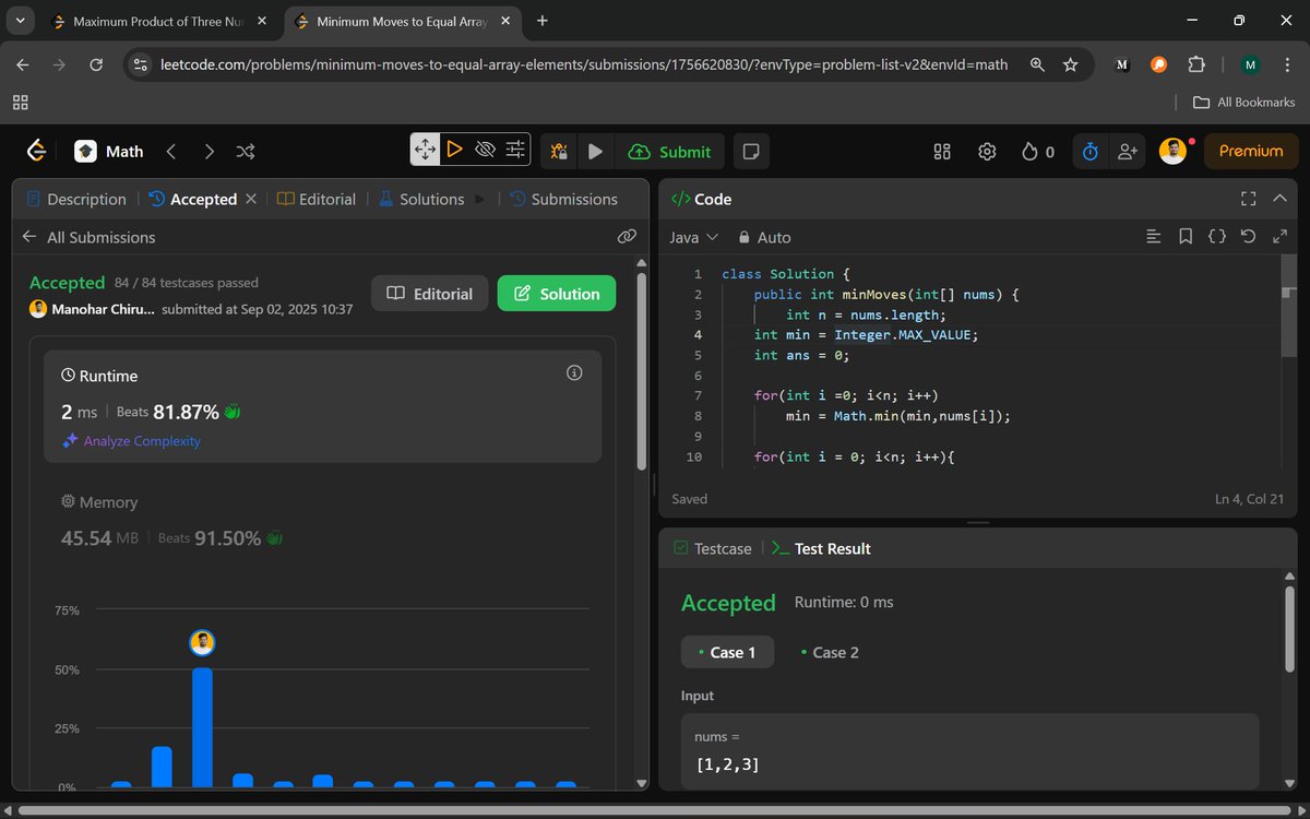 Manohar2909's tweet image. 🚀 Day 94 of #100DaysOfCodingChallenge – From Max Products to Min Moves.

628. Maximum Product of Three Numbers
 453. Minimum Moves to Equal Array Element

#100DaysOfCode #DataStructures #Algorithms #ProblemSolving #CodingChallenge #LeetCode #CodingCommunity #OpenToWork #connect