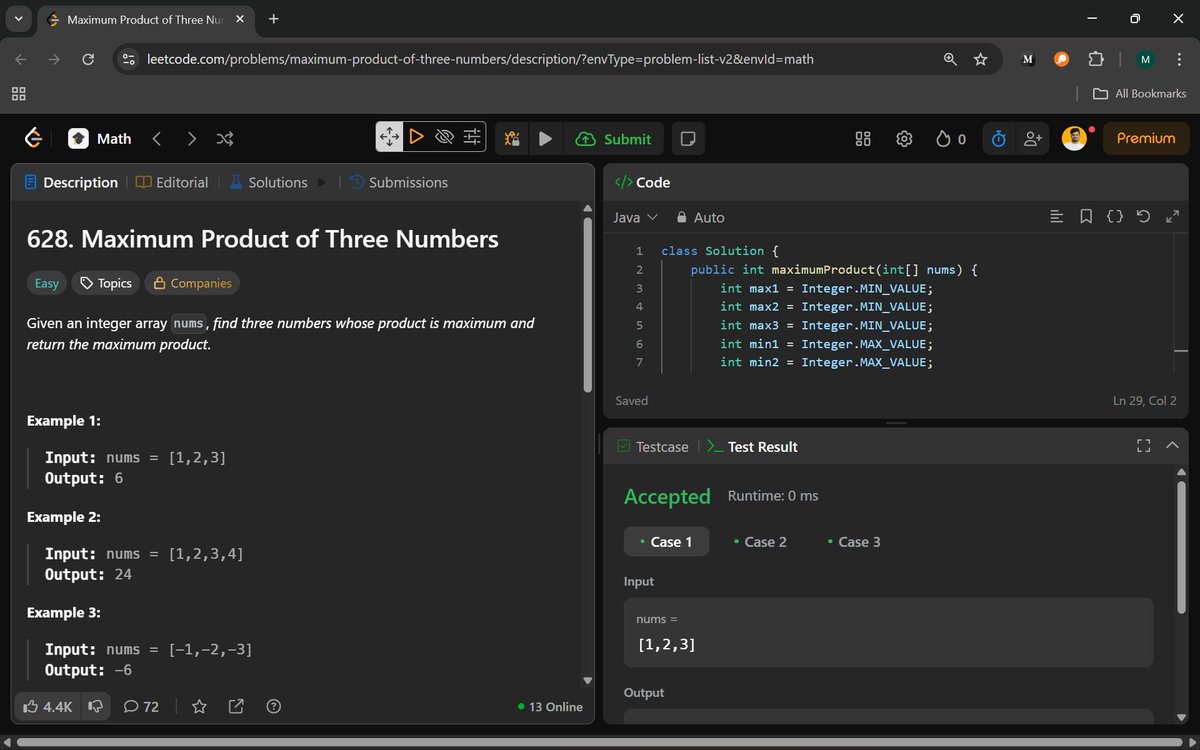 Manohar2909's tweet image. 🚀 Day 94 of #100DaysOfCodingChallenge – From Max Products to Min Moves.

628. Maximum Product of Three Numbers
 453. Minimum Moves to Equal Array Element

#100DaysOfCode #DataStructures #Algorithms #ProblemSolving #CodingChallenge #LeetCode #CodingCommunity #OpenToWork #connect