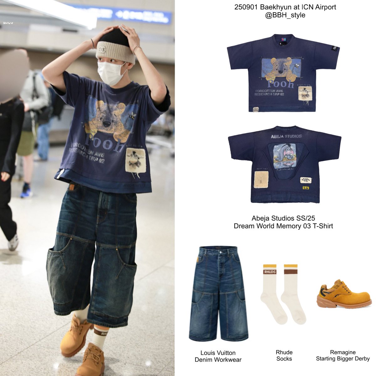 BBH_style's tweet image. 250901 Baekhyun at ICN Airport 

- Abeja Studios SS/25 Dream World Memory 03 T-Shirt 
- Louis Vuitton Denim/Rhude Socks
- Remagine Derby Shoes

#백현 @BAEKHYUN_INB100
