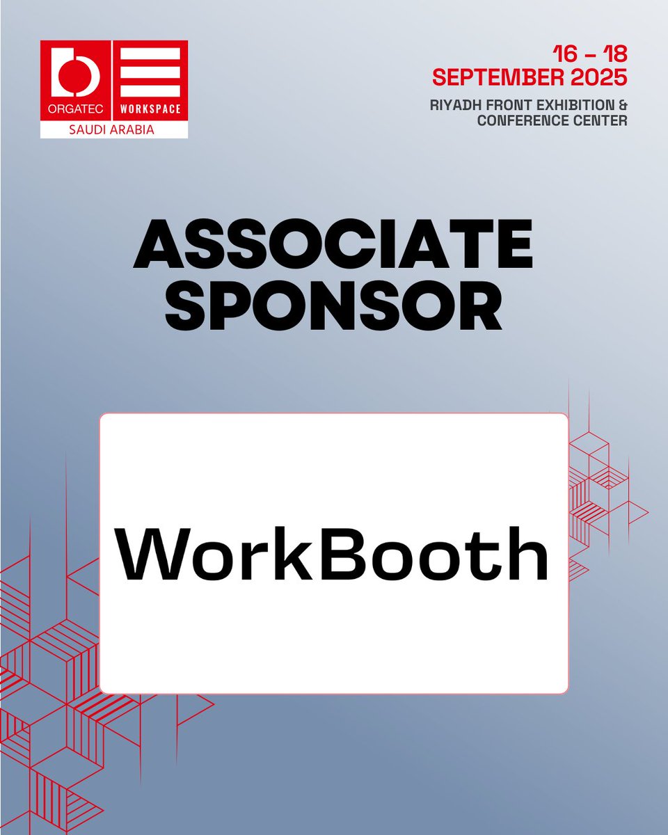 OrgatecSaudi's tweet image. 🙌 We’re proud to welcome WorkBooth as an Associate Sponsor of #OrgatecWorkspaceKSA 2025!
Experience their modular, soundproof booths redefining privacy &amp;amp; productivity in modern workspaces.

📅 16–18 Sept | 📍 Riyadh Front
🎟️ Register free: bit.ly/4kRHypO