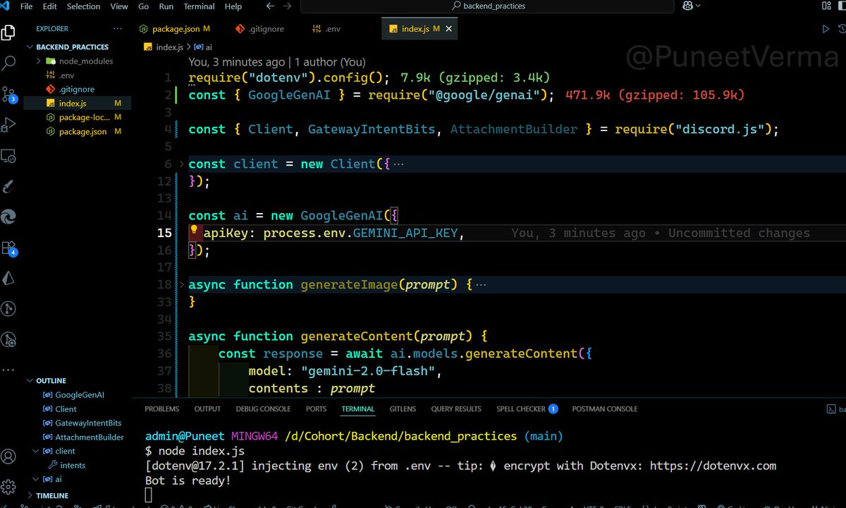 PuneetVerma_7's tweet image. Backend Update – Day 34
Built a Discord Bot 🤖 with discord.js + automated it with AI 🚀
✨ Key Learnings:
GatewayIntentBits ⚙️
AttachmentBuilder 📎
AI + Discord automation 🔥
Thanks @ankurdotio & @sheryians_ 🙌
#cohort1.0 #BackendDevelopment #DiscordJS #AI