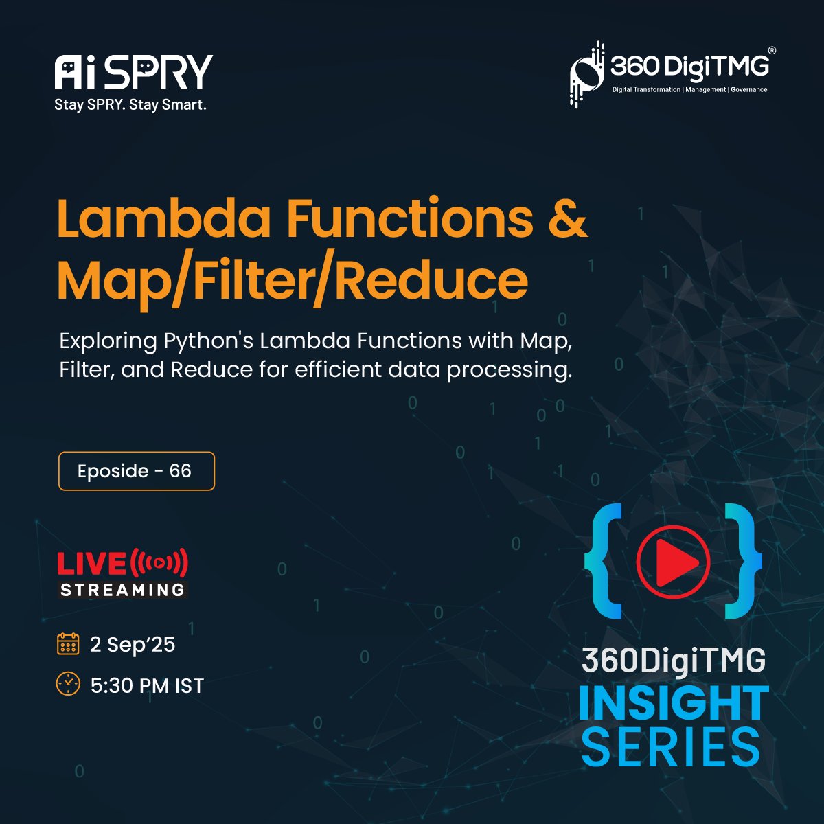 360digitmg's tweet image. 🚀Lambda Functions & Map/Filter/Reduce | 360DigiTMG🚀
Date: 2/09/2025
Time: 5:30 PM IST
Master Design Patterns in Python to write clean, scalable, and efficient code. 🚀
👉 Tap the link below to join the session:
youtube.com/live/CcGBZpPLw…
#LambdaFunctions #MapFilterReduce