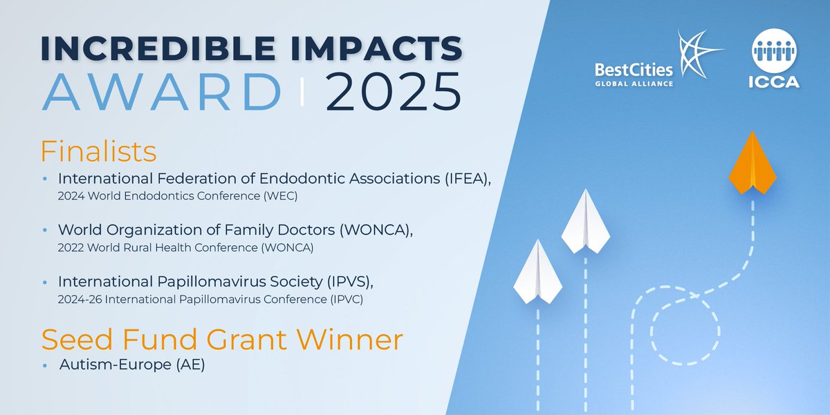 ICCA and BestCities Global Alliance Announce 2025 Incredible Impacts Finalists &amp; Seed Fund Grant Winner ✨

Learn more here 👉iccaworld.org/news/post/icca…

#ICCAWorld #IncredibleImpactsProgramme #IncredibleImpacts #AssociationMeetings