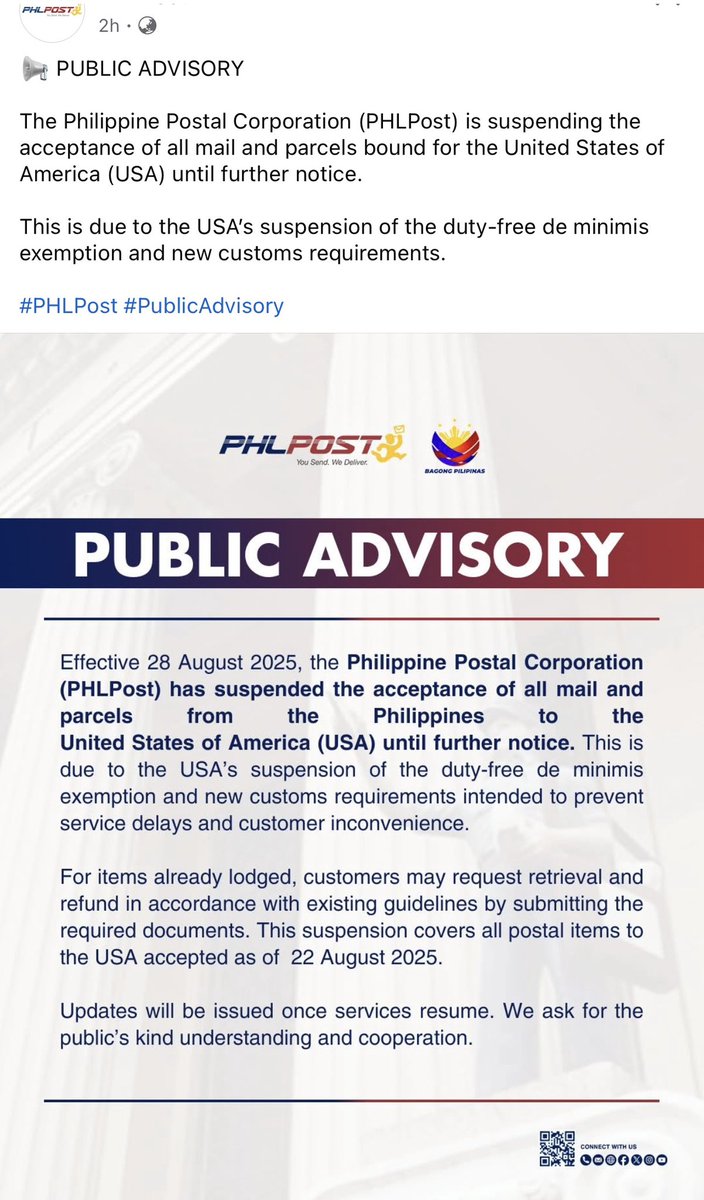 Hello, Pinas? philpost has apparently stopped accepting mails and parcels bound for US since Aug 22, yet they only announced it today. Charaaaan 😅
