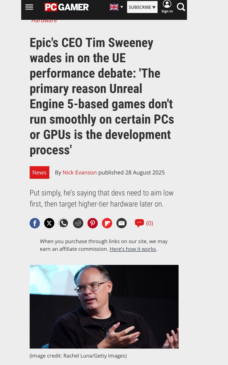 Pirat_Nation's tweet image. Epic&apos;s CEO Tim Sweeney addresses the UE performance debate: &quot;The main reason Unreal Engine 5 games run poorly on some PCs or GPUs is the development process.&quot;

He suggests developers target lower-end hardware first, then optimize for higher-tier systems later.