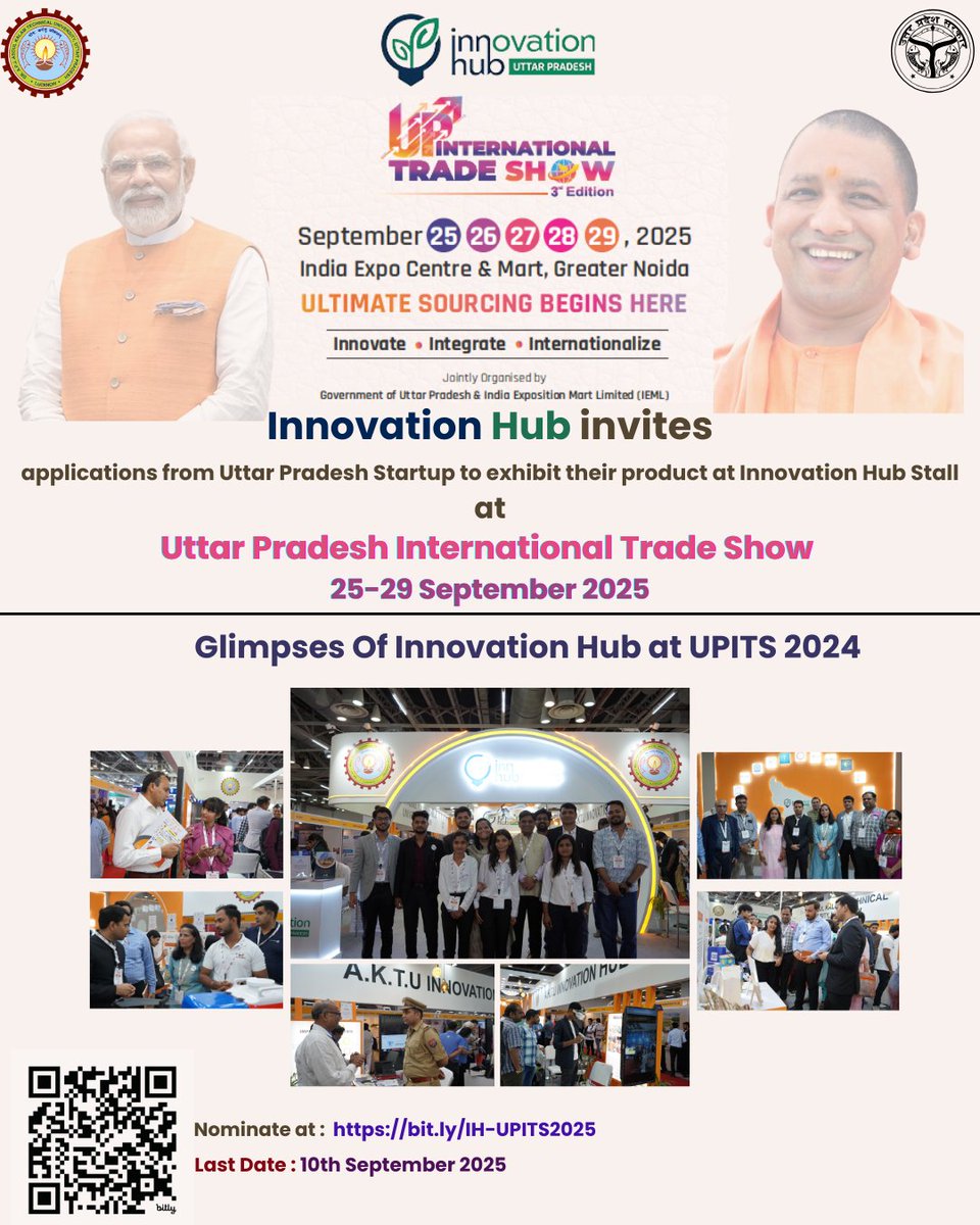 Innovation Hub (@innovationhubup) on Twitter photo From Uttar Pradesh to the World
Showcase your ideas at <a href="/UPIntrTradeShow/">Uttar Pradesh International Trade Show</a> !
#InnovationHubUP <a href="/AKTU_Lucknow/">AKTU</a> is calling #Startups #incubators to shine at #InnovationHub Stall from 25-29 Sept' 2025 at <a href="/IndiaExpoCentre/">India Exposition Mart Limited</a> Greater Noida
Nominate now: bit.ly/IH-UPITS2025 From Uttar Pradesh to the World
Showcase your ideas at <a href="/UPIntrTradeShow/">Uttar Pradesh International Trade Show</a> !
#InnovationHubUP <a href="/AKTU_Lucknow/">AKTU</a> is calling #Startups #incubators to shine at #InnovationHub Stall from 25-29 Sept' 2025 at <a href="/IndiaExpoCentre/">India Exposition Mart Limited</a> Greater Noida
Nominate now: bit.ly/IH-UPITS2025
