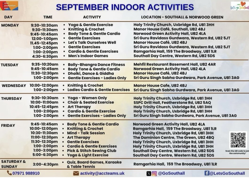 JM4NorwoodGreen's tweet image. #NorwoodGreen #Southall &amp;amp; @EalingCouncil residents @GoSouthall September indoor activity calendar is now live!
From walking groups to nature routes &amp;amp; lots, lots more besides —get involved meet new friends &amp;amp; enjoy the great outdoors!
Scan their QR code to #getoutgetactive