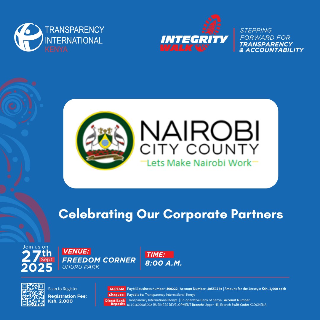 TIKenya's tweet photo. We're thrilled to have @NairobiCityGov  as one of our corporate partners at this year's #IntegrityWalk2025
supporting this movement as we step forward for  transparency &amp; accountability.
🚶🏿‍♀️🚶🏿‍♂️ Walk for something.
Register now  https://t.co/JfDtjBYOEX
#IntegrityWalk https://t.co/8SnMv8Spwv