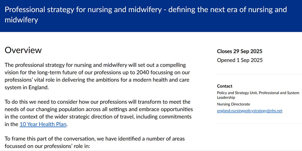 Help shape our professional strategy, defining the next era of nursing &amp; midwifery in England. 

This survey is open to all nurses, midwives, nursing associates &amp; student colleagues. Get involved today⬇️<a href="/teamCNO_/">teamCNO 💙</a> 
engage.england.nhs.uk/survey/profess…