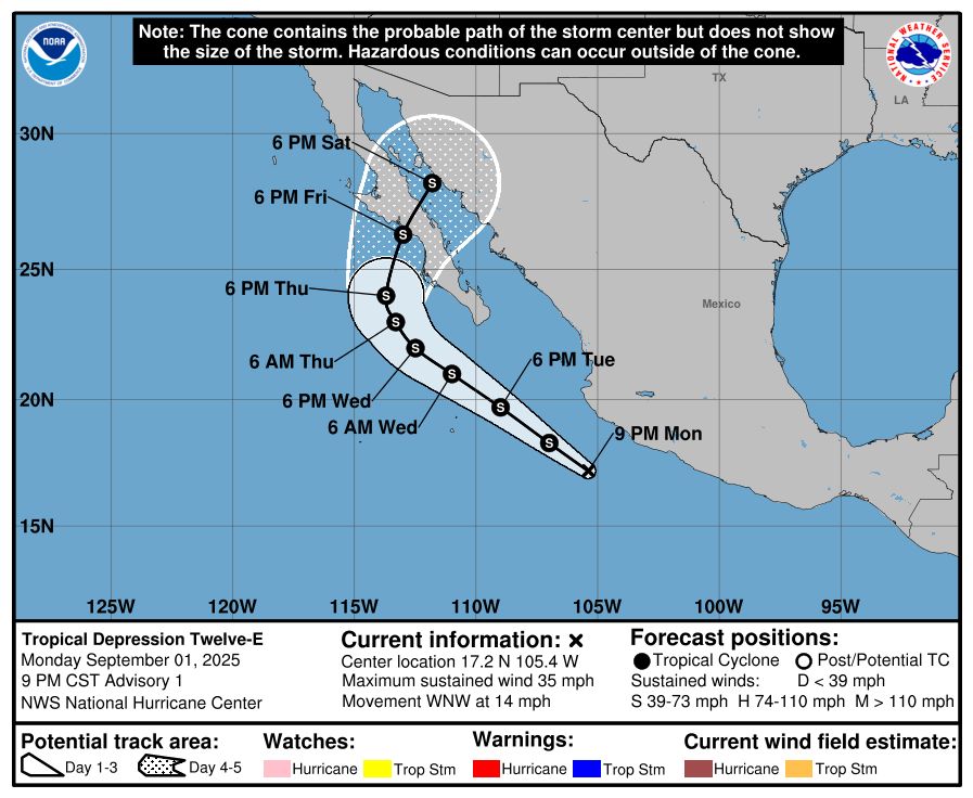 webcamsdemexico's tweet photo. ⚠️ AVISO ⚠️
Se ha formado en el #Pacífico la #DepresiónTropical Doce-E. 🌀
Se localiza a 235 km al sur-suroeste de #Manzanillo, #Col., y a 240 km al oeste-suroeste de #PuntaSanTelmo, #Mich, con vientos máximos sostenidos de 55 km/h y rachas de 75 km/h.
Se hacia el oeste-noroeste, paralelo a las costas occidentales del pacífico mexicano a 22 km/h.
Su amplia circulación ocasionará lluvias puntuales intensas, fuertes rachas de viento y oleaje elevado en #Jalisco, #Colima, #Michoacán y #Guerrero.
🚨 En las próximas horas podría convertirse en #TormentaTropical.