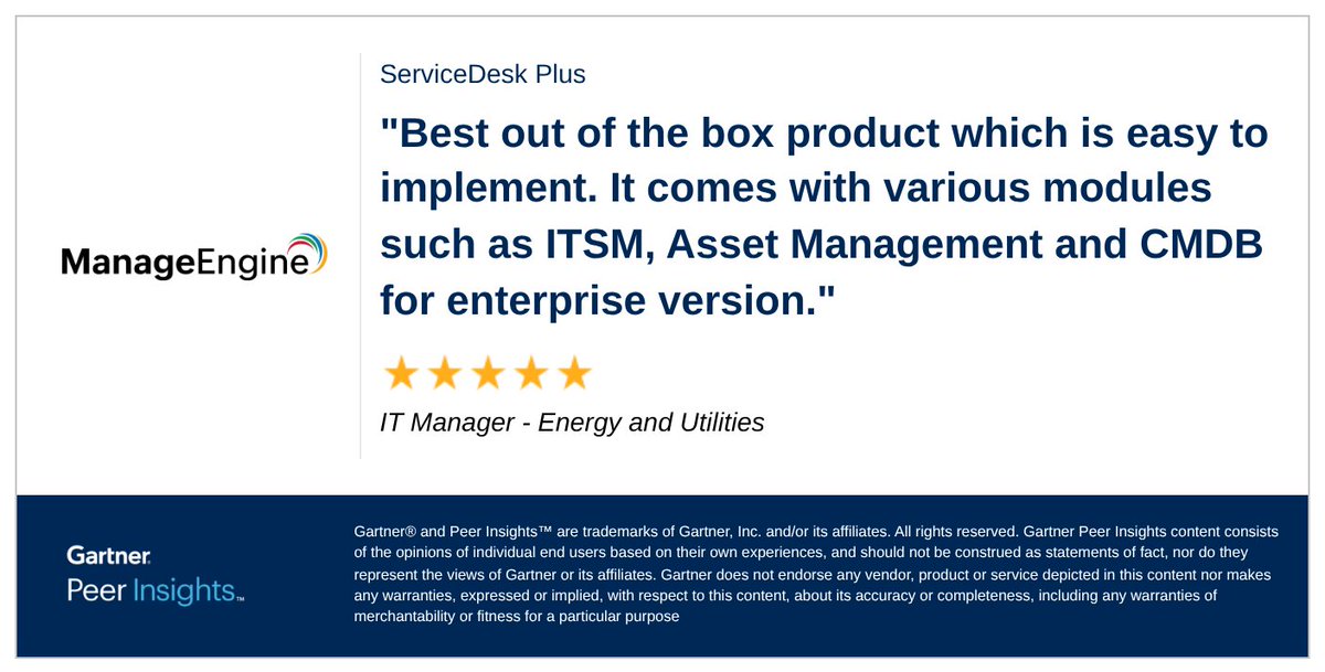 ME_ITSM's tweet image. IT Manager in the Energy and Utilities Industry gives ServiceDesk Plus 5/5 Rating in Gartner Peer Insights™ IT Service Management Platforms Market. 

🔗 Read the full review here: gtnr.io/UgrMT4gnj 

#gartnerpeerinsights #ManageEngine #ITSM