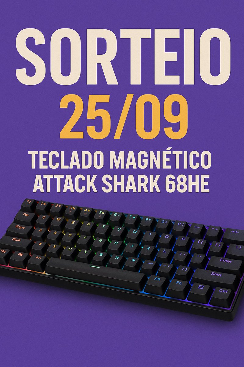 💜 SORTEIO OFICIAL 💜
Dia 25/09 vou sortear durante a live um Attack Shark 68HE (teclado magnético).

Para participar:

1.Seguir o canal
2.Estar presente na live no dia do sorteio
3.Subs têm 5x mais chance, mas não é obrigatório

Marca na agenda, chama a tropa e boa sorte!