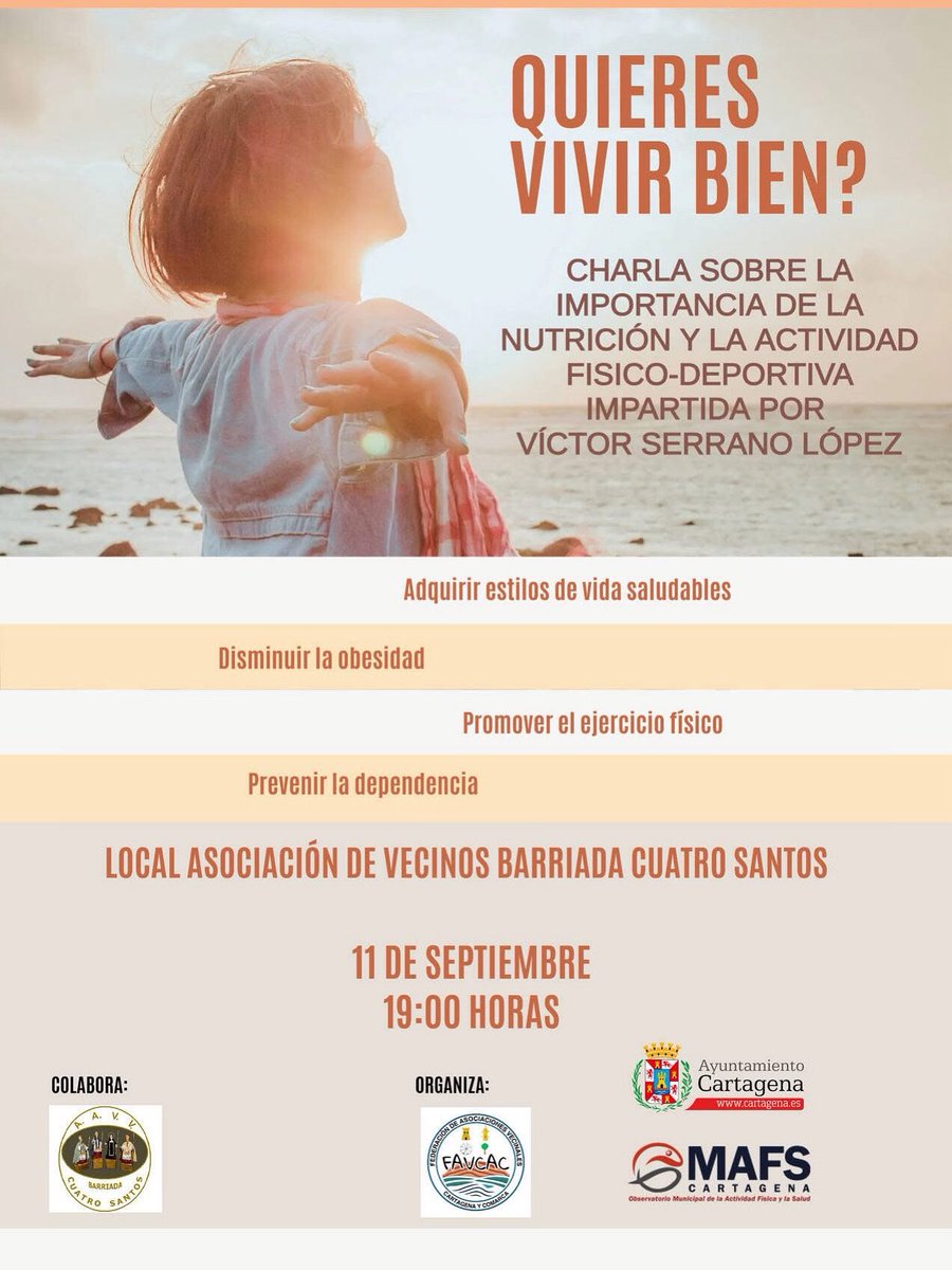 👉El próximo 11 de septiembre a las 19:00 horas tendrá lugar una charla sobre nutrición y actividad física en la AVV Cuatro Santos.
👉Dicha charla será impartida por Víctor Serrano, que atenderá a todas las preguntas que puedan surgir. 
#juntossumamosmás
#ComarcaDeCartagena