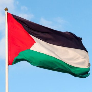 A man in a blue suit, white shirt, and pink patterned tie stands against a blue background with white diagonal lines. The Palestinian flag, featuring red, black, white, and green horizontal stripes, waves on a pole against a clear blue sky.