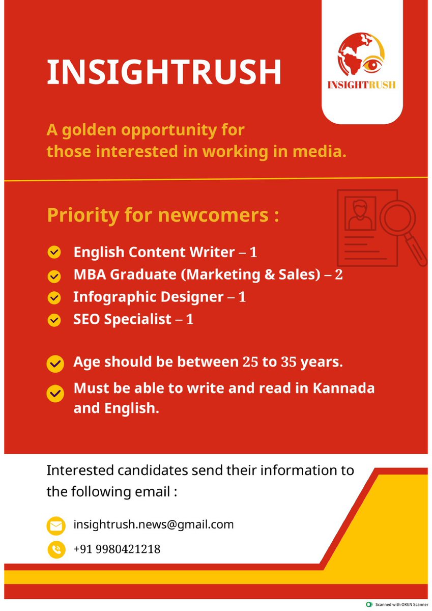 insightrushnews's tweet photo. ಉದ್ಯೋಗ ಅವಕಾಶ
#insightrush #jobopportunity #mediajobs #media #newschannel #Englishcontentwriter #mbagraduate #seospecialist #Infographicdeginer #kannada #english https://t.co/WCCnEM4jXG