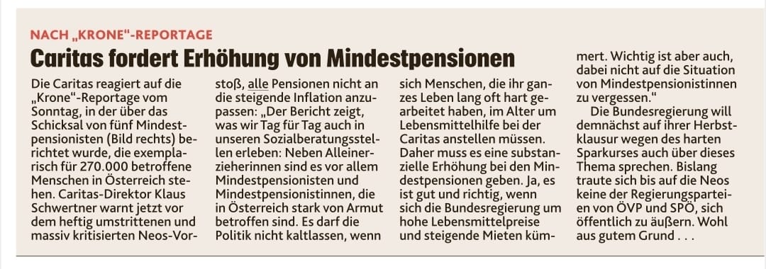 Michael Landau (@mlcaritas) on Twitter photo Ganz einer Meinung mit Caritasdirektor <a href="/KlausSchwertner/">Klaus Schwertner</a>:
Die Mindestpensionen gehören substanziell erhöht!
Es darf die Politik nicht kaltlassen, wenn sich Menschen, die ihr ganzes Leben lang oft hart gearbeitet haben, im Alter um Lebensmittelhilfe anstellen müssen.
<a href="/krone_at/">Kronen Zeitung</a> Ganz einer Meinung mit Caritasdirektor <a href="/KlausSchwertner/">Klaus Schwertner</a>:
Die Mindestpensionen gehören substanziell erhöht!
Es darf die Politik nicht kaltlassen, wenn sich Menschen, die ihr ganzes Leben lang oft hart gearbeitet haben, im Alter um Lebensmittelhilfe anstellen müssen.
<a href="/krone_at/">Kronen Zeitung</a>