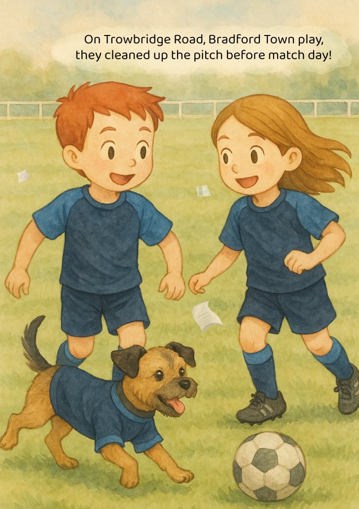 Bradford Town Football Club features in the story. A page blows onto the pitch before match day!