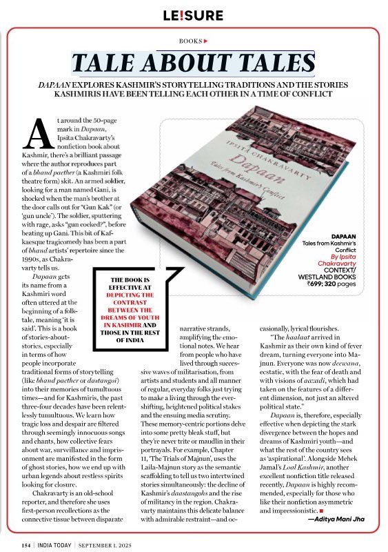 ‘Chakravarty is an old-school reporter, and therefore she uses first-person recollections as the connective tissue between disparate narrative strands, amplifying the emotional notes.’

Read <a href="/aditya_mani_jha/">GOLDMAN EQUITIES</a>’s review of <a href="/p_semolina/">Ipsita Chakravarty</a>’s Dapaan for <a href="/IndiaToday/">IndiaToday</a>:indiatoday.in/magazine/leisu…