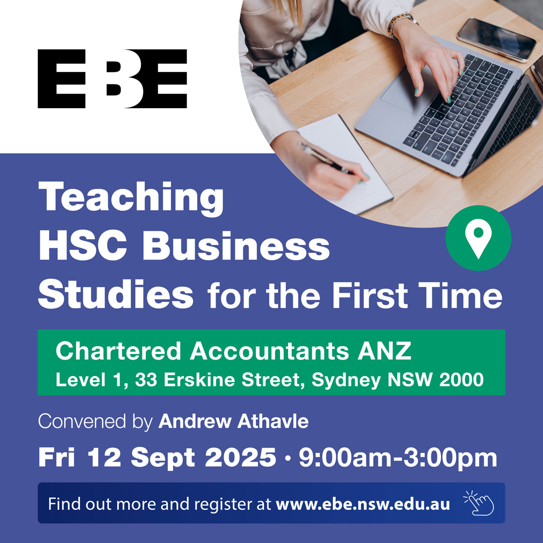 📣 FINAL CALL: Our Teaching HSC Business Studies for the First Time session is next week!  

Whether you are teaching HSC Business Studies for the first time or an experienced teacher looking for a refresher course.....Don't miss it - register today
ebe.nsw.edu.au/upcoming-profe…