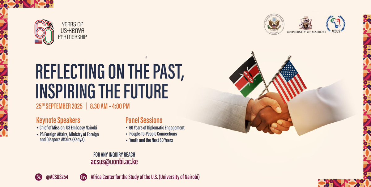 Winnie Rugutt-Chebon, PhD (@winnierugutt) on Twitter photo Join <a href="/ACSUS254/">ACSUS-University of Nairobi</a> virtually for a hybrid conference on 25th September 2025 titled, “60 Years of U.S.–Kenya Relations: Reflecting on the Past, Inspiring the Future”
🔗 Register here to attend virtually: us02web.zoom.us/meeting/regist… Join <a href="/ACSUS254/">ACSUS-University of Nairobi</a> virtually for a hybrid conference on 25th September 2025 titled, “60 Years of U.S.–Kenya Relations: Reflecting on the Past, Inspiring the Future”
🔗 Register here to attend virtually: us02web.zoom.us/meeting/regist…