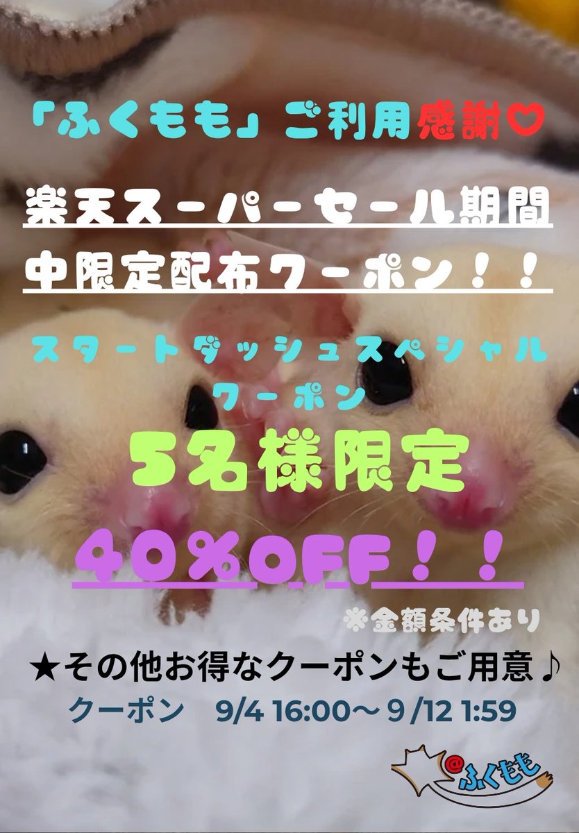 こんにちは😊
9/4～9/11まで楽天スーパーセールが開催されます‼️
楽天市場「ふくもも」は今回諸事情で参加はしませんが…💦
スーパーセール開催期間中限定クーポンを配布致します❣️
最大40％OFF‼️クーポン等お得なクーポンを設置しています✨
是非覗いて見て下さい🙇‍♀️
 #お得なクーポン
  #ふくもも
